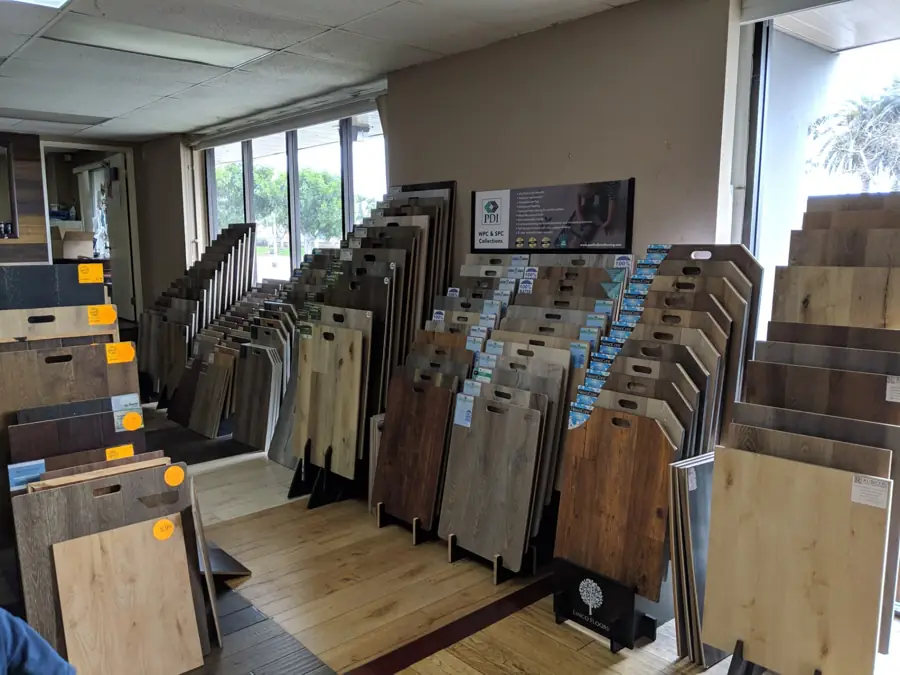 Luxury vinyl and laminate sample displays in the Torrance showroom